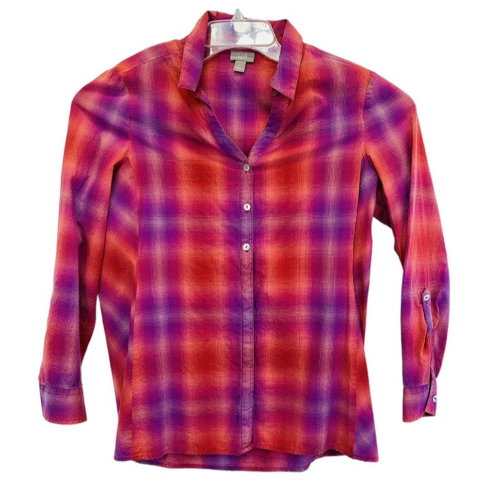 J. Jill Womens Sz Medium Soft Multicolored Plaid V‎ Neck Button Shirt (T17)